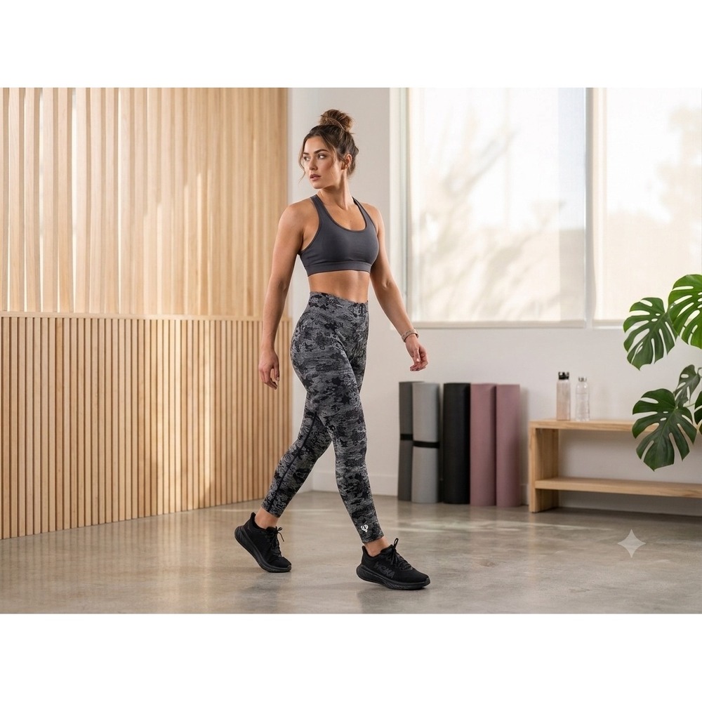 Womens Best Seamless High Waisted Leggings Grey Black Camo Damask Size M